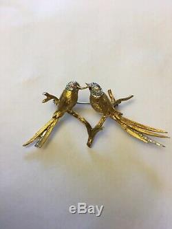 Vintage 18k Gold Diamond Kissing Birds Brooch Pin