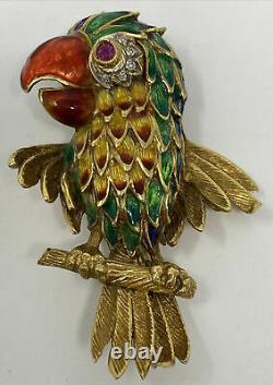 Vintage 18k Gold Enamel Ruby Diamond Toucan Parrot Bird Brooch Pin 21.9 grams