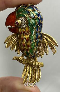 Vintage 18k Gold Enamel Ruby Diamond Toucan Parrot Bird Brooch Pin 21.9 grams