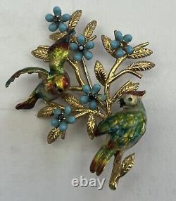 Vintage 18k Gold Enamel Sapphire Birds Brooch Signed Italy