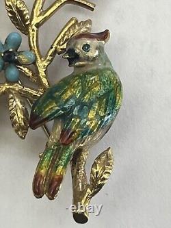 Vintage 18k Gold Enamel Sapphire Birds Brooch Signed Italy