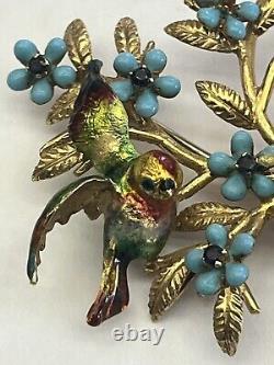 Vintage 18k Gold Enamel Sapphire Birds Brooch Signed Italy