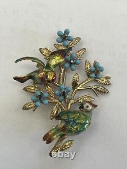 Vintage 18k Gold Enamel Sapphire Birds Brooch Signed Italy