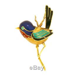 Vintage 18k Gold & Enameled Bird Brooch Designer Signed S-mci Estate Jewelry