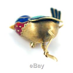 Vintage 18k Gold & Enameled Bird Brooch Designer Signed S-mci Estate Jewelry