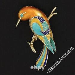 Vintage 18k Gold Multi Color Enamel Humming Bird Standing on Branch Pin Brooch