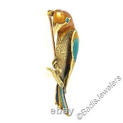 Vintage 18k Gold Multi Color Enamel Humming Bird Standing on Branch Pin Brooch