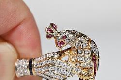 Vintage 18k Gold Natural Diamond And Ruby And Emerald Sapphire Bird Brooch