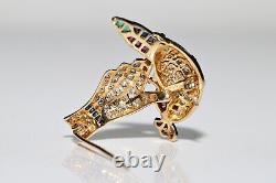 Vintage 18k Gold Natural Diamond And Ruby And Emerald Sapphire Bird Brooch