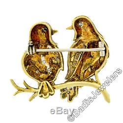 Vintage 18k Gold Red Enamel Round Diamond Pair Love Birds Textured Branch Brooch