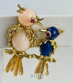 Vintage 18k Lapis, Coral and Red eye stone Bird Brooch SIGNED FC