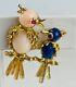 Vintage 18k Lapis, Coral And Red Eye Stone Bird Brooch Signed Fc