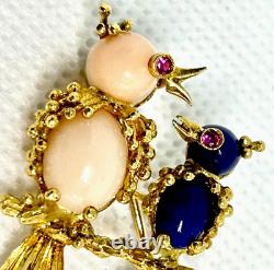 Vintage 18k Lapis, Coral and Red eye stone Bird Brooch SIGNED FC