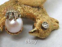 Vintage 18k Solid Gold Diamond Eye & Pearl 2 3/4 Phoenix Bird Pin Back Brooch