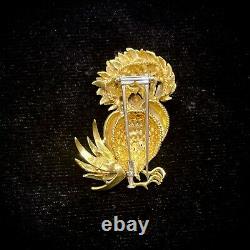 Vintage 18k Yellow Gold Bird Pin/Brooch With Diamonds & Enamel