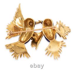 Vintage 18k Yellow Gold Diamond. 04 Cttw Blue Enamel Birds In Flight Brooch Pin