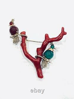 Vintage 18k Yellow Gold Red Coral Branch, Jade Carnelian Bird Parrot Brooch Pin