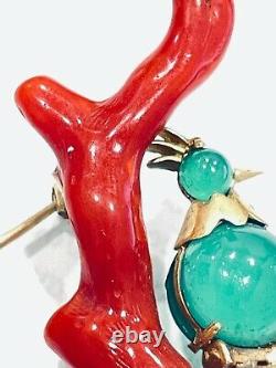Vintage 18k Yellow Gold Red Coral Branch, Jade Carnelian Bird Parrot Brooch Pin