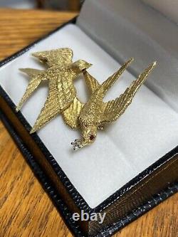 Vintage 18k gold mid century modern diamond and ruby swallow bird brooch pin