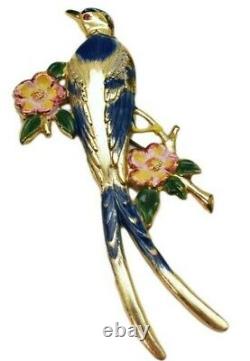 Vintage 1940's Coro Craft Brooch/Pin Large Enamel Painted Bird on flower branch