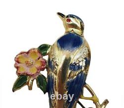 Vintage 1940's Coro Craft Brooch/Pin Large Enamel Painted Bird on flower branch
