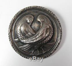 Vintage 1940's Sterling Silver Love Birds Doves Large Round Pin Brooch Patented