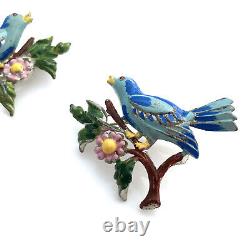 Vintage 1940s CORO Bluebirds of Happiness Bird Flower Enamel Figural Brooch Set