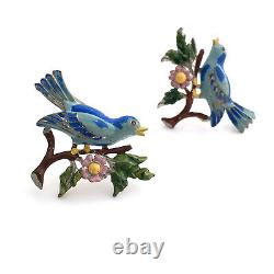 Vintage 1940s CORO Bluebirds of Happiness Bird Flower Enamel Figural Brooch Set