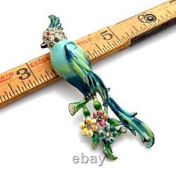 Vintage 1940s CORO Calopsitta Bird Enamel Rhinestone Flower Figural Fur Clip Pin