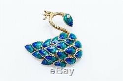 Vintage 1950s Blue Green Enamel PEACOCK SWAN 14k Yellow Gold BIRD Pin Brooch