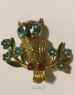 Vintage 1950s signed Coro Brooch Owl. Rhinestones, Enamels, Gold tone Metal