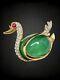 Vintage 1960's Crown Trifari Flawed Emerald Cabochon Jelly Belly Duck Brooch Pin