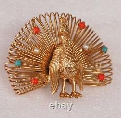 Vintage 1960s Gold Wire Coral Turquoise Peacock Bird Brooch Pin Rare