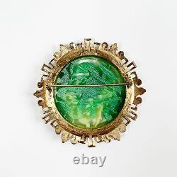 Vintage 1960s Vendome Chinoiserie Green Faux Jade Phoenix Bird Gold Tone Brooch