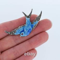 Vintage'1964' Blue Enamel and Marcasite Sterling Silver Swallow Bird Brooch Pin