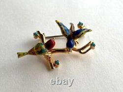 Vintage 1970's Italian 18K Gold Enamel Bird Pin / Brooch With Gems