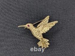 Vintage 1970 signed Engel Brothers EB Hummingbird bird Pin 14k Yellow Gold, Ruby