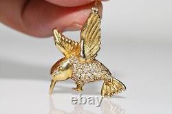 Vintage 1980s 18k Gold Natural Diamond Decorated Bird Brooch