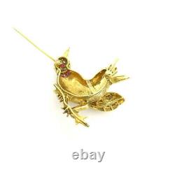 Vintage 1.50ct Diamond & 0.35ct Ruby 14K Yellow Gold Handmade Bird Brooch
