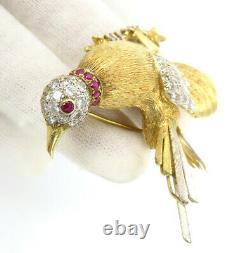 Vintage 1.50ct Diamond & 0.35ct Ruby 14K Yellow Gold Handmade Bird Brooch
