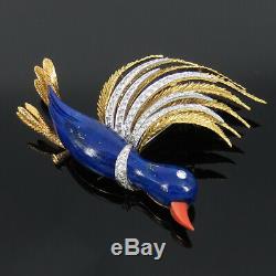 Vintage 2.50ct Diamond Coral & Lapis Lazuli 18K Gold Hand Made Bird Brooch