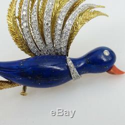 Vintage 2.50ct Diamond Coral & Lapis Lazuli 18K Gold Hand Made Bird Brooch
