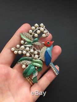 Vintage 40s Lisanda Pearl glass Green Enamel bird on branch Figural Brooch
