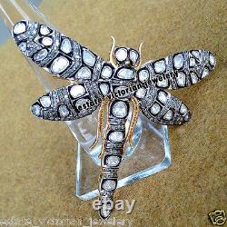 Vintage 4.77ct Genuine Old Mine Rose Antique Cut Diamond Silver Dragonfly Brooch