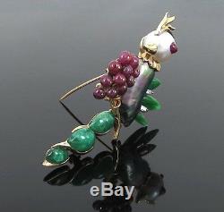Vintage 5.0ct Ruby 4.0ct Emerald Pearl & Jade 14K Yellow Gold Bird Brooch
