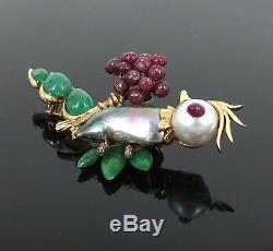 Vintage 5.0ct Ruby 4.0ct Emerald Pearl & Jade 14K Yellow Gold Bird Brooch