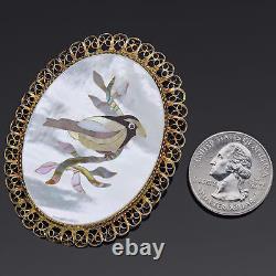 Vintage 800 Silver Mother of Pearl & Abalone Bird Inlay Brooch Pin Pendant