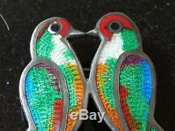 Vintage. 925 Mexican Silver Enamel Brooch Brightly Colored Love Birds Signed JF