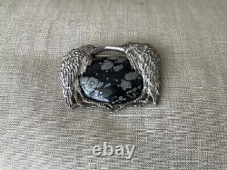 Vintage 925 Oval Snowflake Obsidian Brooch Flanked by 2 Silver Birds Eagles 42g