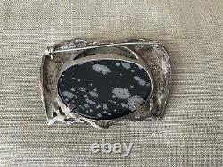 Vintage 925 Oval Snowflake Obsidian Brooch Flanked by 2 Silver Birds Eagles 42g